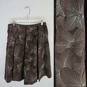 Talbots Pure Silk Pleated Skirt Brown Silver Floral Embroidered Floral Size 12